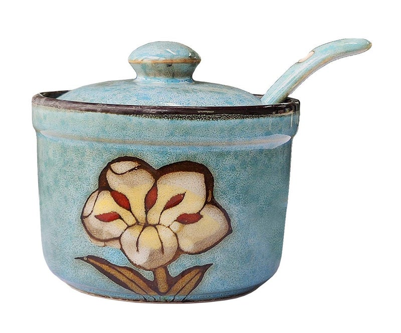 123Arts Ceramics Retro Flower Sugar Salt Pepper Storage Jar Seasoning Pot with Lid And Spoon - Image 1